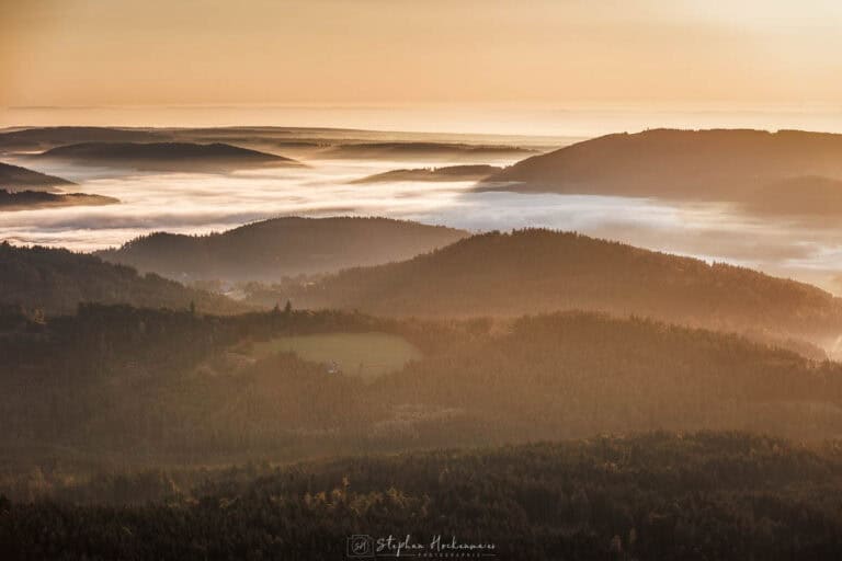Sonnenaufgang mit Nebel über den Hügeln des Schwarzwalds – fotografiert vom Feldberg