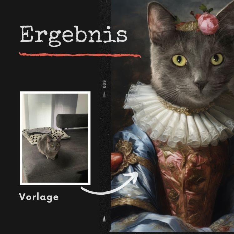 Portrait einer Russisch Blau Katze im Prinzessin Stil Vorher-Nachher