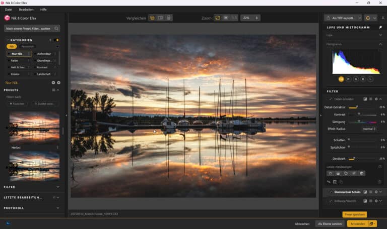 Benutzeroberfläche von Nik Color Efex 8 mit Filterübersicht, Bildvorschau und Bedienpanel