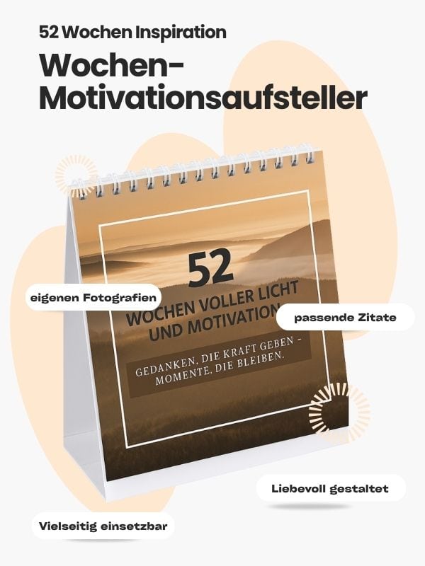 Motivationsaufsteller mit eigenen Naturfotografien und passenden Zitaten, modern präsentiert für 52 Wochen Inspiration.