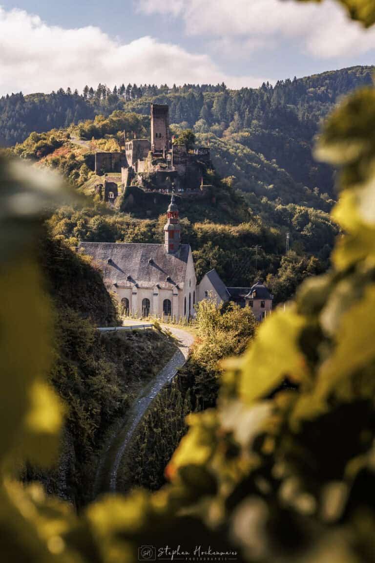 Blick auf Beilstein und Burg Metternich durch Weinlaub als natürlichen Rahmen