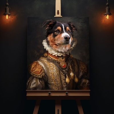 hund_portrait_australien_sheppard_in_schuhmacher_renaissance_mittelalter_kleidung_gemälde_geschenkidee