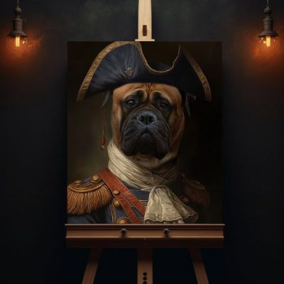 Gemälde Portrait eines Bullmastiff Hund im Napoleon Kleid
