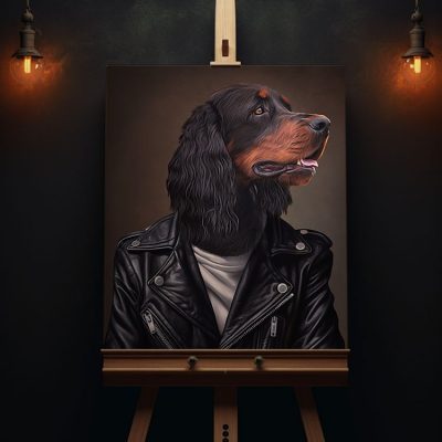 Gemälde Gordon Setter Hund in Rocker Kleidung