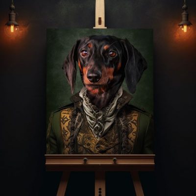 Gemälde Portrait eines Zwergdackel Hund in Jagd Kleidung