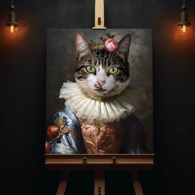 katzen_portrait_american_wirehair_in_prinzessin_renaissance_mittelalter_kleidung_gemälde
