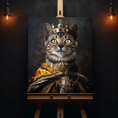 katzen_portrait_bengalkatze_in_koenig_renaissance_mittelalter_kleidung_gemälde