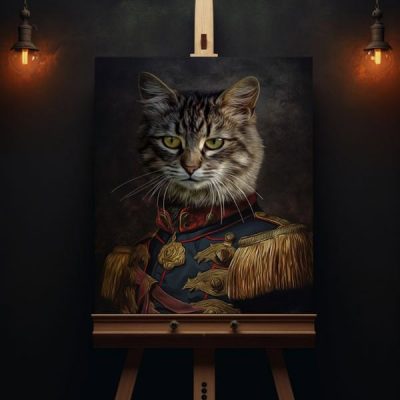 Gemälde einer Europäisch Kurzhaar Katze im Napoleon Kostüm