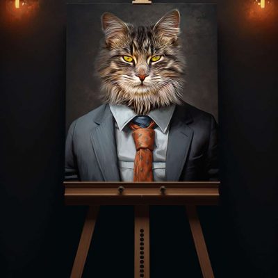 Gemälde einer Maine-Coon Katze im Anzug und Krawatte